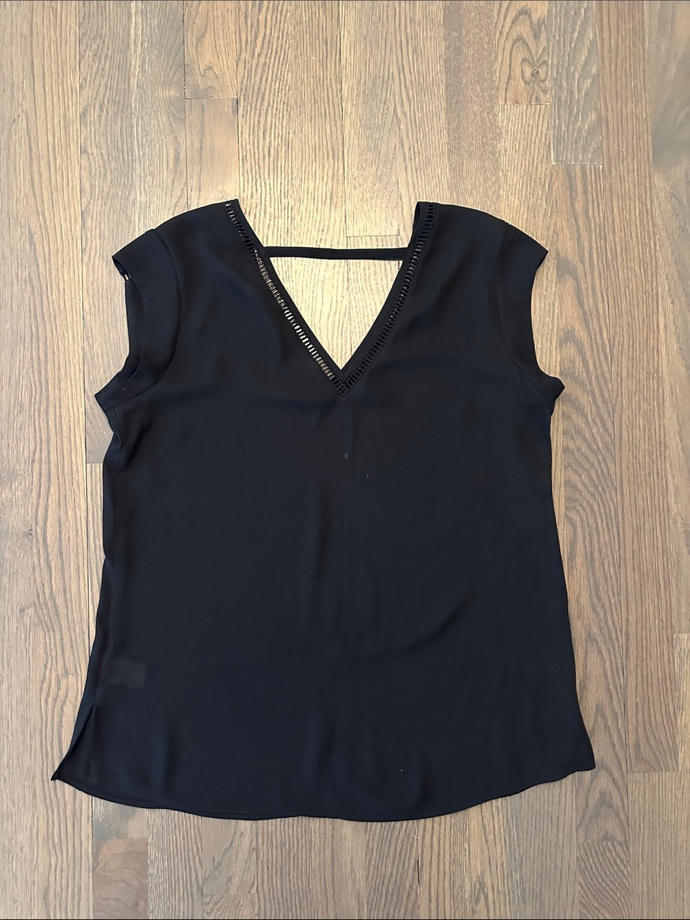 DR2 Black V-Neck Cap Sleeve Blouse with Ladder Trim - Picture 2 of 4